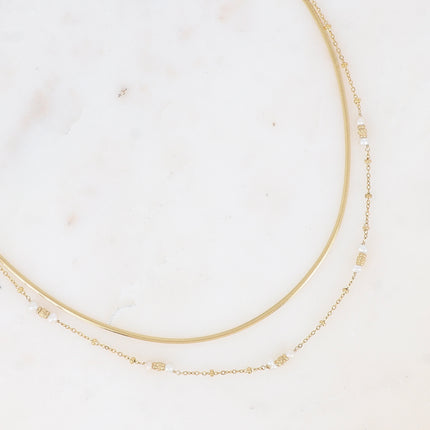 Collier 2 rangs - maille miroir, perles cylindriques diamantées et pierres naturelles rondes