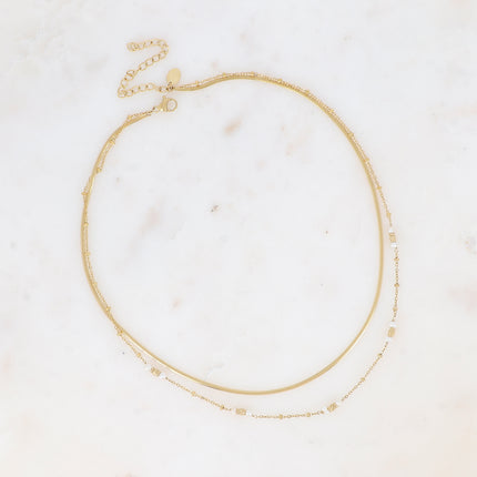 Collier 2 rangs - maille miroir, perles cylindriques diamantées et pierres naturelles rondes