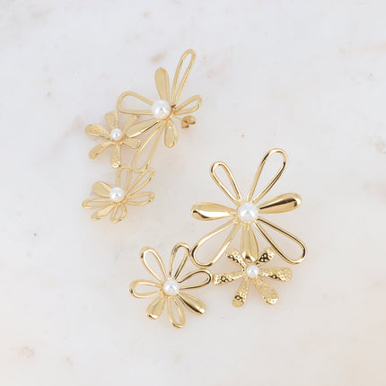 Boucles puces - 3 fleurs ajourées avec perles de résine blanche 52x78mm
