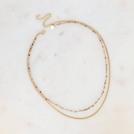Collier 2 rangs Rosalie - maille miroir, perles et pierres naturelles rondes