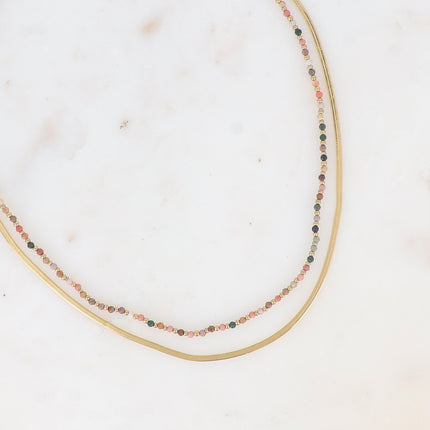 Collier 2 rangs Rosalie - maille miroir, perles et pierres naturelles rondes