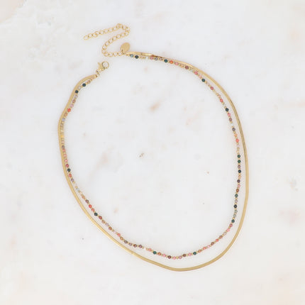 Collier 2 rangs Rosalie - maille miroir, perles et pierres naturelles rondes