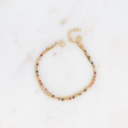 Bracelet 2 rangs Rosalie - maille miroir, perles et pierres naturelles rondes