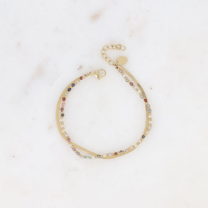 Bracelet 2 rangs Rosalie - maille miroir, perles et pierres naturelles rondes
