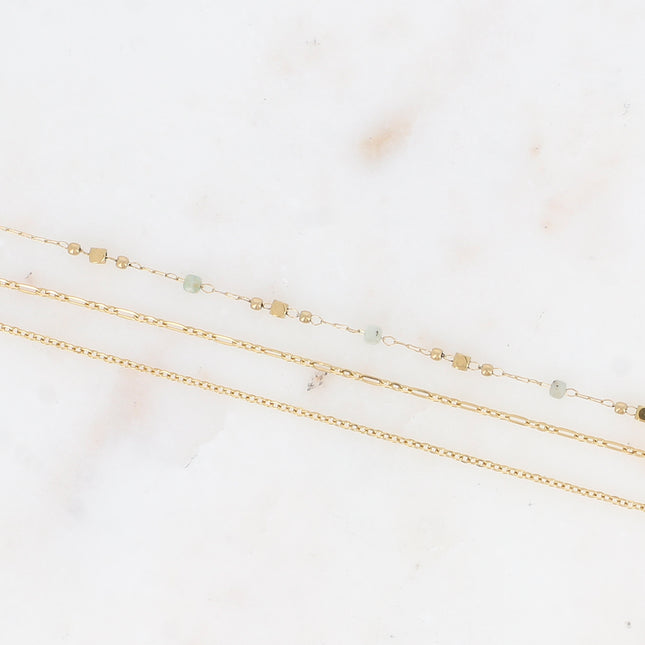 Bracelet 3 rangs - mailles forçat, alternée et fine avec perles et pierres naturelles cubiques