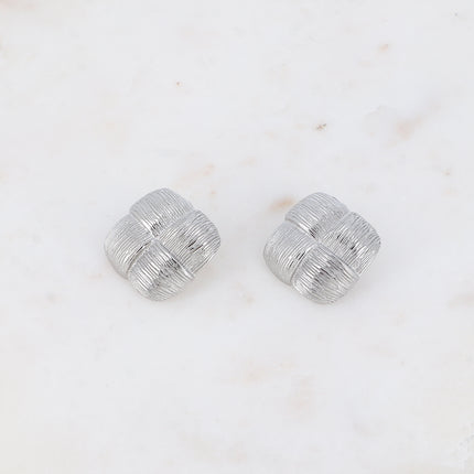 Stud earrings - square textured checkerboard effect 31mm