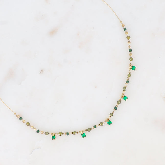 Collier - chaîne fine avec pâtes de verre et cristaux carrés pendants
