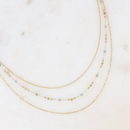 Collier 3 rangs - mailles forçat, alternée et fine avec perles et pierres naturelles cubiques