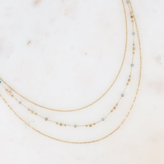Three-strand necklace - alternating curb and fine links with pearls and cubic natural stones