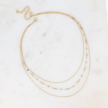 Collier 3 rangs - mailles forçat, alternée et fine avec perles et pierres naturelles cubiques