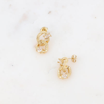 Boucles pendantes - double anneau martelé, cristaux rectangle et carré