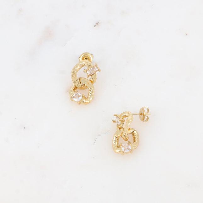 Drop earrings - double hammered ring, rectangular and square crystals