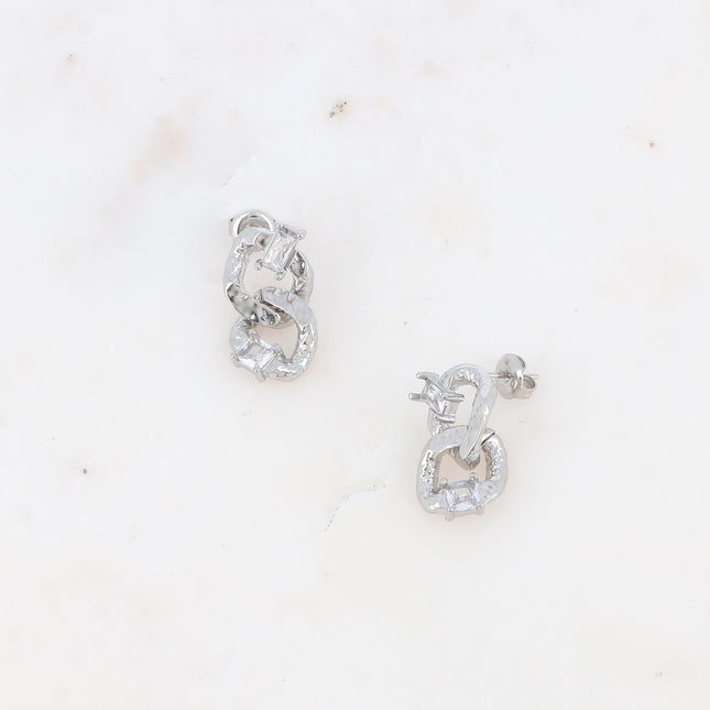 Drop earrings - double hammered ring, rectangular and square crystals