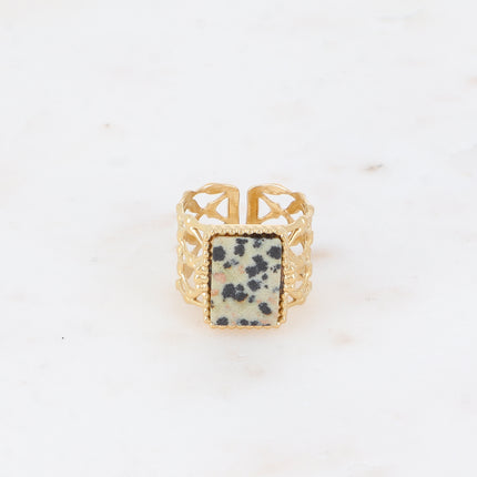 Bague large - anneau quadrillé ajouré et pierre naturelle rectangulaire plate