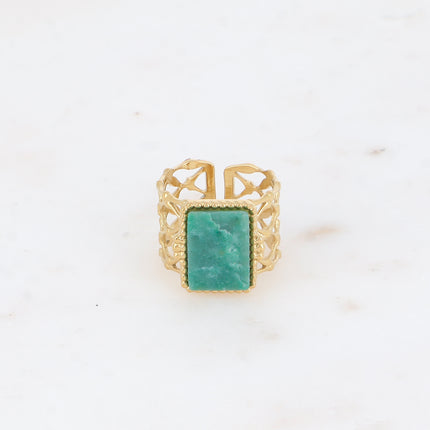 Bague large - anneau quadrillé ajouré et pierre naturelle rectangulaire plate