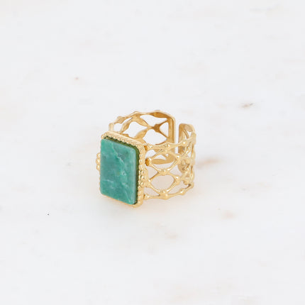 Bague large - anneau quadrillé ajouré et pierre naturelle rectangulaire plate