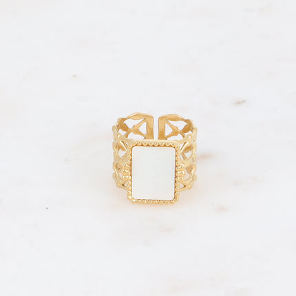 Bague large - anneau quadrillé ajouré et pierre naturelle rectangulaire plate