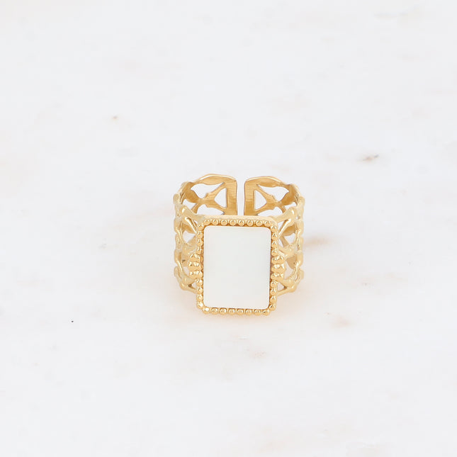 Wide ring - openwork grid pattern band and flat rectangular natural stone