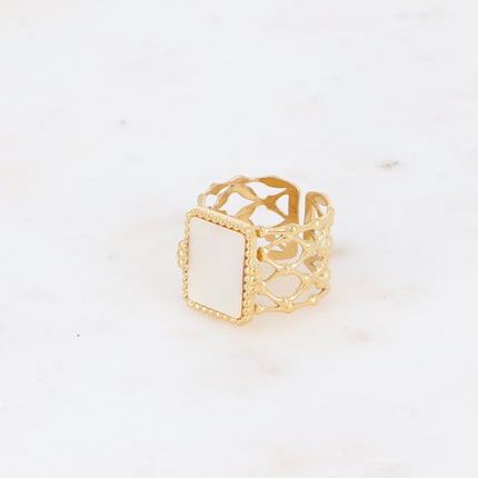 Bague large - anneau quadrillé ajouré et pierre naturelle rectangulaire plate