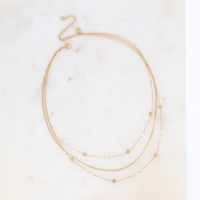 Collier multirangs - pastilles rondes et perles d'eau douce