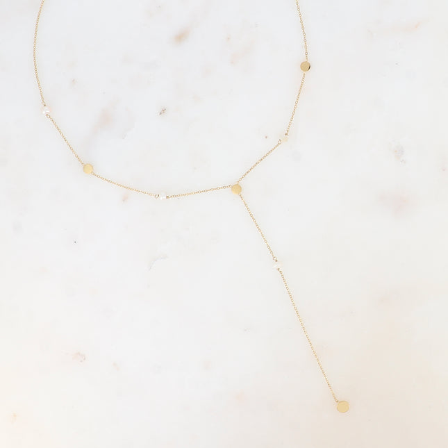 Y-shaped necklace - round discs and freshwater pearls
