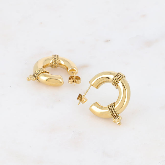Hoop earrings - wide ring with wrapped chains, 3 beads 25x25mm