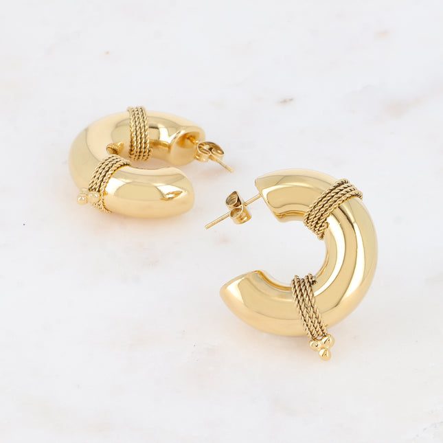 Évanie M Creole Earrings - wide hoop with wrapped chains, 3 beads 30x30mm
