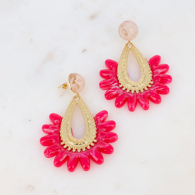Boucles pendantes Garance - acétate, goutte milgrain et pièce fleurie