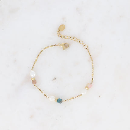 Bracelet - maille forçat alternée aplatie, perles d'eau douce et pierres naturelles
