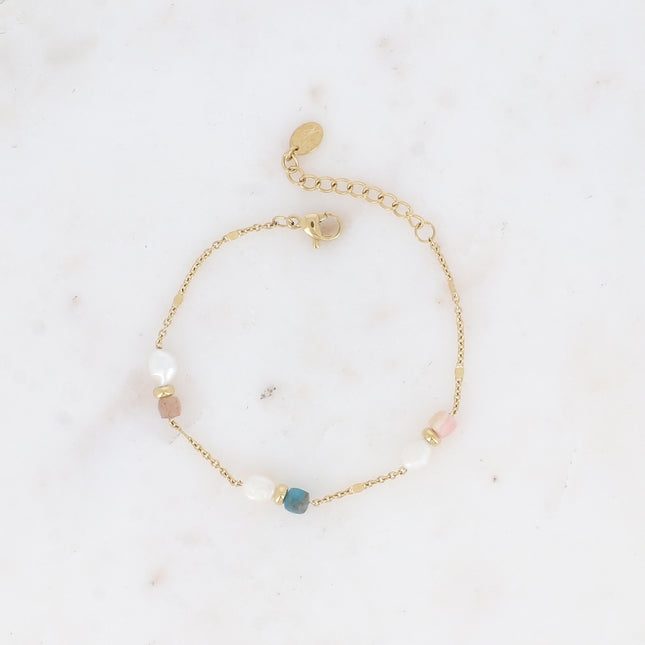 Bracelet - maille forçat alternée aplatie, perles d'eau douce et pierres naturelles