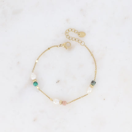 Bracelet - maille forçat alternée aplatie, perles d'eau douce et pierres naturelles