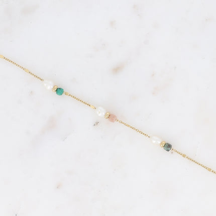 Bracelet - maille forçat alternée aplatie, perles d'eau douce et pierres naturelles