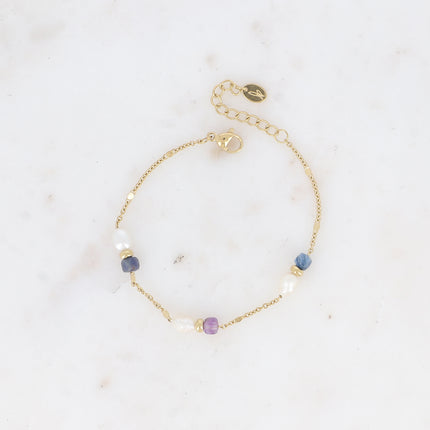 Bracelet - maille forçat alternée aplatie, perles d'eau douce et pierres naturelles