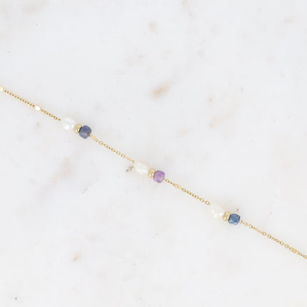 Bracelet - maille forçat alternée aplatie, perles d'eau douce et pierres naturelles