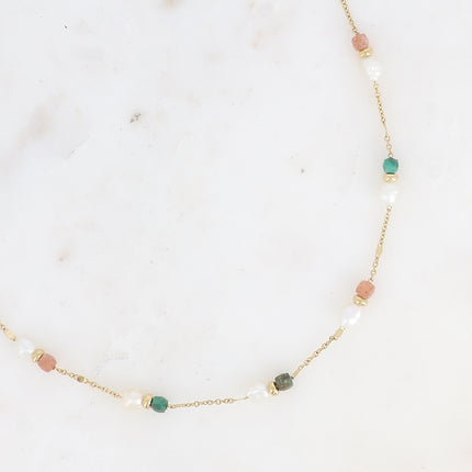 Collier - maille forçat alternée aplatie, perles d'eau douce et pierres naturelles
