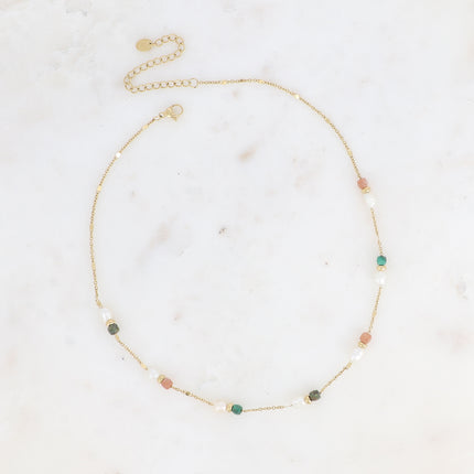 Collier - maille forçat alternée aplatie, perles d'eau douce et pierres naturelles