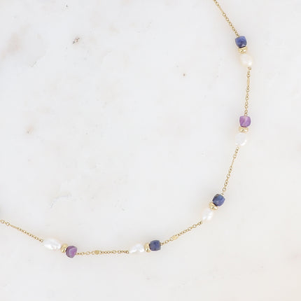 Collier - maille forçat alternée aplatie, perles d'eau douce et pierres naturelles