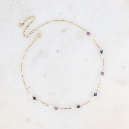 Collier - maille forçat alternée aplatie, perles d'eau douce et pierres naturelles