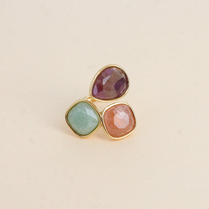 Bague ouverte Idrissa - 3 pierres naturelles, goutte et carrées 10mm