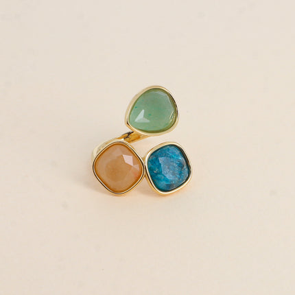Bague ouverte Idrissa - 3 pierres naturelles, goutte et carrées 10mm