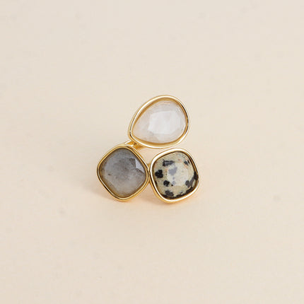 Bague ouverte Idrissa - 3 pierres naturelles, goutte et carrées 10mm