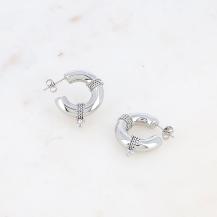 Hoop earrings - wide ring with wrapped chains, 3 beads 25x25mm
