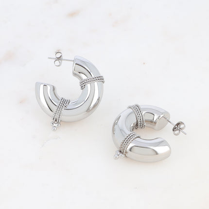 Évanie M Creole Earrings - wide hoop with wrapped chains, 3 beads 30x30mm