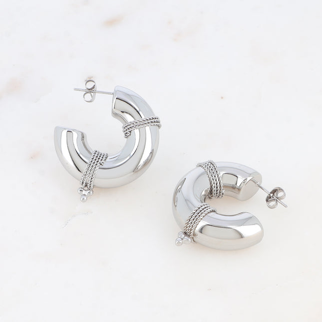 Évanie M Creole Earrings - wide hoop with wrapped chains, 3 beads 30x30mm