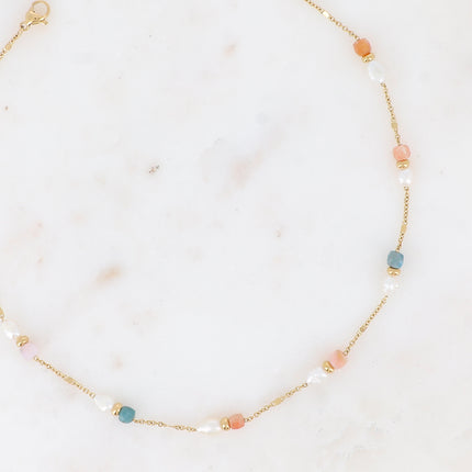 Collier - maille forçat alternée aplatie, perles d'eau douce et pierres naturelles