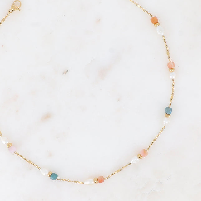 Collier - maille forçat alternée aplatie, perles d'eau douce et pierres naturelles