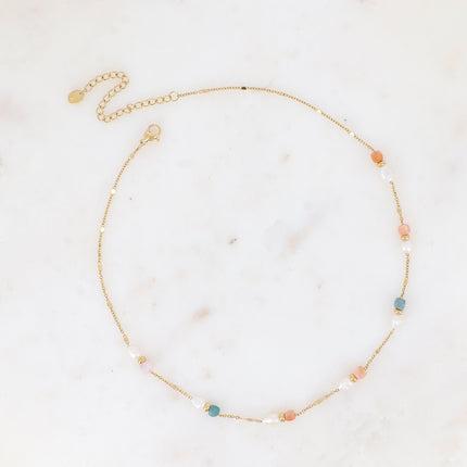 Collier - maille forçat alternée aplatie, perles d'eau douce et pierres naturelles