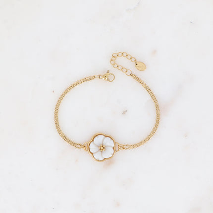 Bracelet - double chaîne et fleur nacrée plate 18mm