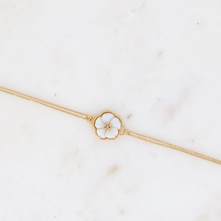 Bracelet - double chaîne et fleur nacrée plate 18mm