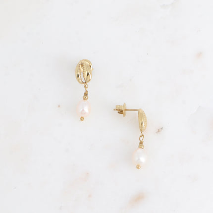 Dangle earrings - cowrie shell and freshwater pearl